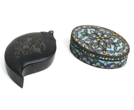 An early 20th century white metal and enamel snuff box of navette form, 7cms wide, inscribed to the base 'Constantinople 1912