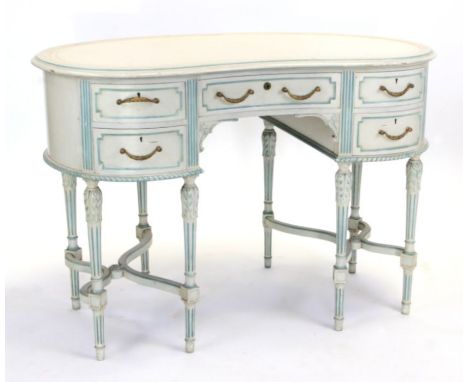 A Louis XVI style painted kidney shaped ladies writhing desk with an arrangement of five drawers, 110cms wide.