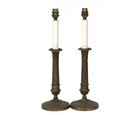 A pair of French Empire style candlestick table lamps, 43cms high (2).