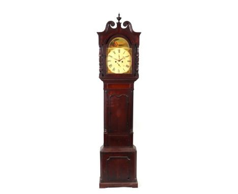 A 19th Century oak cased long case clock, the arched painted dial with roman numerals and subsidiary seconds, 33cm wide, fitt