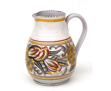 A Carter Stabler &amp; Adams Poole pottery jug decorated by Anne Hatchard, 20cms high.Condition ReportThere is some crazing b