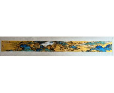  A  Chinese Splash ink and watercolour scroll painting on paper, depicting a panoramic mountainous landscape scene with calli