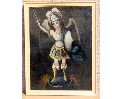 A 19th century South American Cuzco school - A Full Length Portrait of St Michael - oil on canvas, framed, 56 by 78cms.