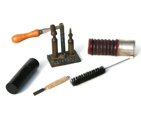 A 12 Bore brass and steel Capper / Decapper together with other shotgun tools