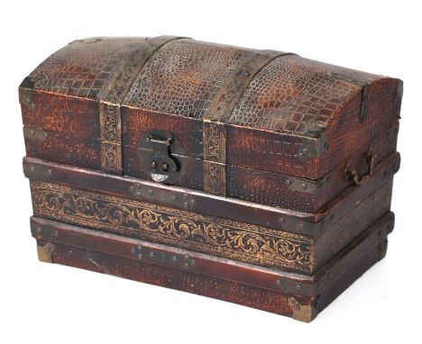 A  faux leather and wooden bound dome top trunk, 60cm wide 