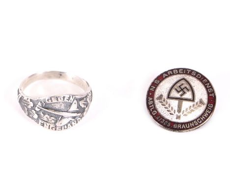 A WW2 German Luftwaffe style bomber of a pilot silver ring and a German Third Reich style enamel labour corps badge (2) 