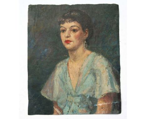 Late 19th century school - Portrait of a Young Lady Wearing a Pale Blue Dress - oil on canvas, unframed, 37 by 46cms.