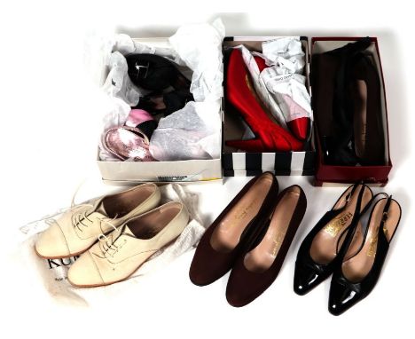 A collection of vintage designer ladies shoes to include examples by Charles Jourdan of Paris and Salvatore Ferragamo, all ap