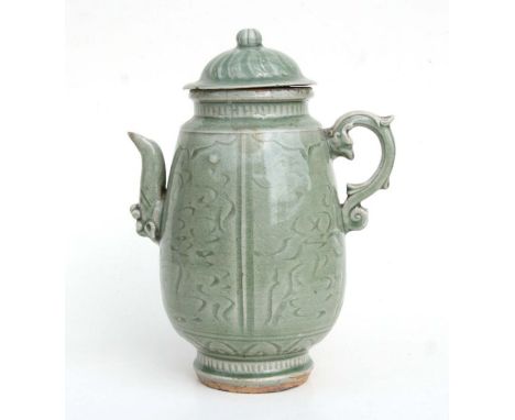 A large Chinese celadon glaze wine ewer. (possibly Ming) 30cm high    