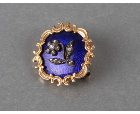 A Georgian yellow coloured metal old cut diamond and blue enamel mourning brooch with hair back, approx 2cms wide.
