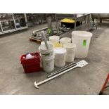 LOT OF cleaning buckets, stirrers, storage bin