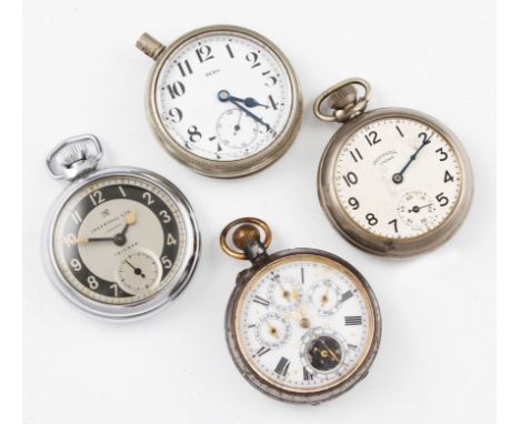 A lot to include a gun metal crown wind open face pocket watch, the white enamel dial having hourly Roman numerals with minut