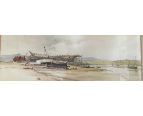SAMUEL PHILLIPS JACKSON R. W. S. framed, initialled, watercolour study of a boat under construction, 14cm x 40.5cm.