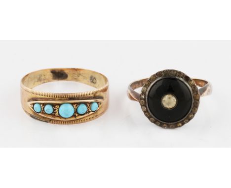 A Victorian 9ct yellow gold turquoise five stone ring, hallmarked Birmingham 1891, ring size M, together with a paste and ena