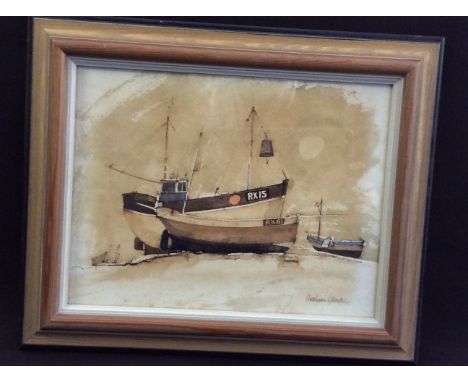 GRAHAM CLARKE, framed, signed, watercolour of boats on beach, 19cm x 24cm.
