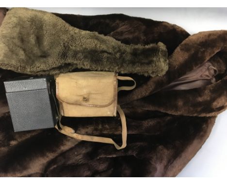 A fur coat, shawl and pair of gloves together with two Kodak box cameras.