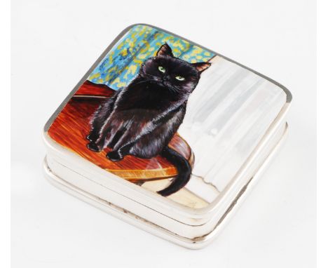 A silver and enamel pill box, of square form featuring enamel black cat design to lid, hallmarked Birmingham import for 1995,