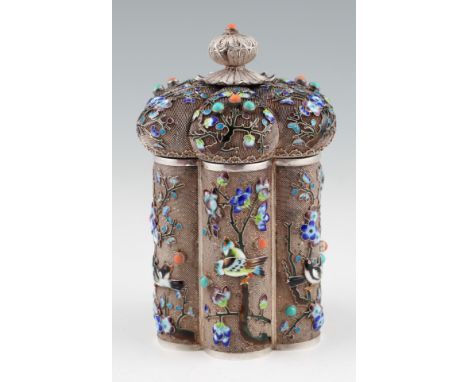 A white metal filigree enamel tea caddy, the lobed design featuring enamelled birds in tree design set with coral and turquoi