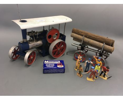 A Welisco tractor and log trailer, with Mamod waxed solid fuel tablets and eight figures of workers.