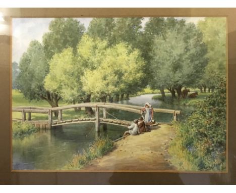 F. S. WILKINSON, framed, signed, watercolour depicting children fishing by a bridge, 22cm x 31cm.