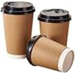 500 12OZ KRAFT DISPOSABLE BROWN PAPER CUPS WITH BLACK LIDS HOT COLD DRINKS(12OZ/350ML)