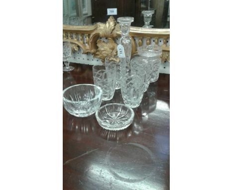 including four tumblers, two small bowls, preserve jar and cover, and a candlestick 