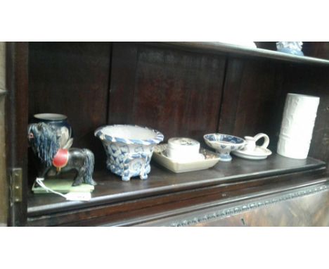 including Nymphenburs circus pony, Judy Crilly chamber candlestick, Dutch delft ashtray, Satsuma dish, hatch box, Rosenthal v