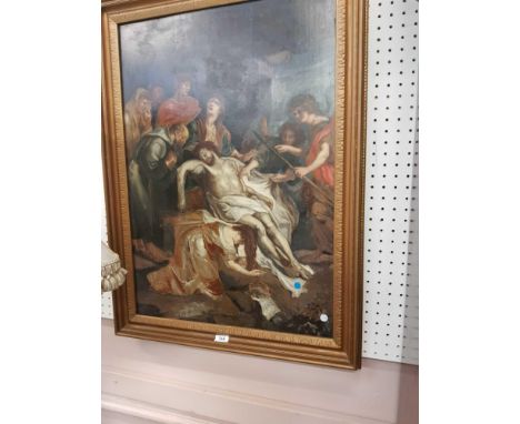 "The Entombment", oil on panel, unsigned, framed 