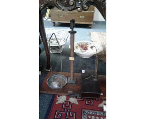 on a square mahogany base, and another smaller example with single drawer, brass scales and weights 