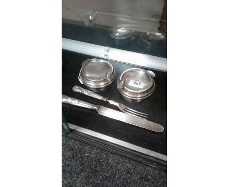 with Birmingham 1955 hallmark, together with a pair of Victorian silver handled knife and fork, with Sheffield hallmark and m