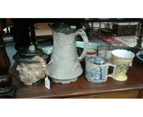 including Beswick Peggotty caracatue teapot, Ridgeway green pottery jug, Victorian blue mug and Gell yellow vase (9) 