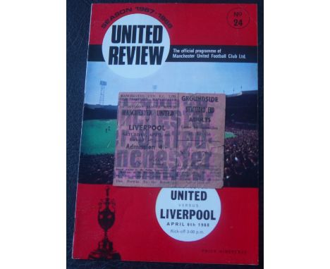 1967-68 MANCHESTER UNITED V LIVERPOOL PROGRAMME &amp; TICKET
6th April 1968 programme good ticket slight fold&nbsp;
