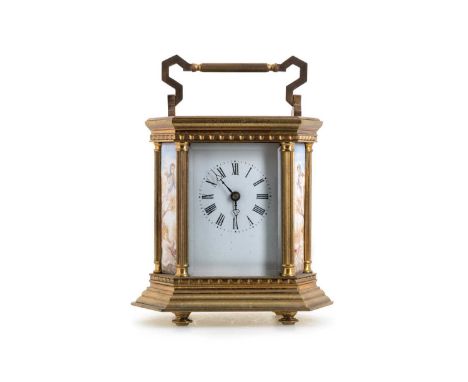 EDWARDIAN CARRIAGE CLOCK,  the white enamel dial with Roman numeral hour markers, with hand painted porcelain panels to the l