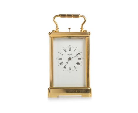 CARRIAGE CLOCK, BY ANGELUS the white enamel dial with Roman and Arabic numerals, with repeating mechanism, contained in a bra