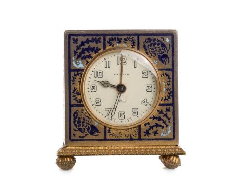 ZENITH TRAVEL CLOCK, the square form case encompassing a circular dial with baton hour markers, raised on bun feet6cm high
