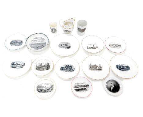 A quantity of 19thC black printed items, to include cream jug, saucers, plates, beaker, and a later Josiah Spode commemorativ