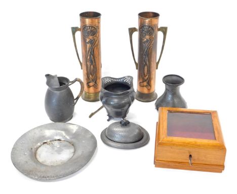Miscellaneous Art Nouveau metal ware, to include Tudric pewter, a pair of two handled cylindrical vases, etc.