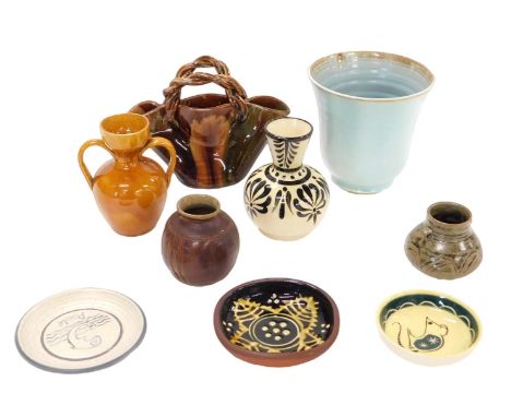 A quantity of studio ceramics, to include two handled vase, Poole dish, etc. 