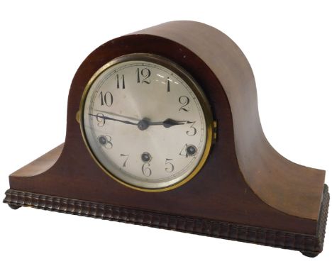 An early 20thC mahogany Napoleons hat shaped mantel clock, with Westminster chime, on bun feet, 38cm wide. 