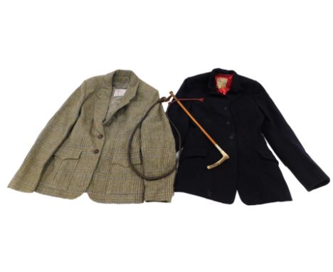Horse riding accessories, comprising a Parr and Co of Leicester lady's riding jacket, a horse riding whip with horn handle, a