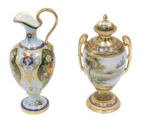 Two Noritake vases, comprising a blue urn, on ground with gilded border and flower tamped Noritake, 24cm high, and a jar and 