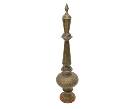 An Eastern engraved and pierced brass hookah pipe, with wooden foot, lacking any fittings, 135cm high. (AF) 