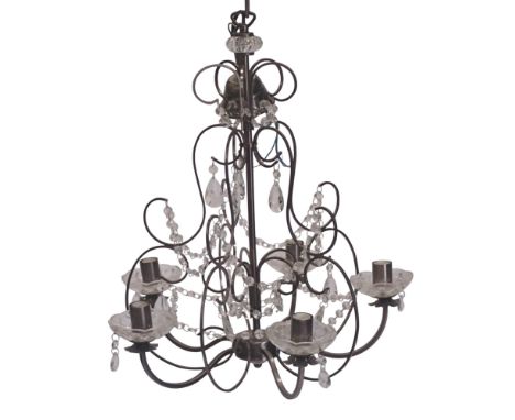 A modern silvered and cut glass five branch chandelier, with various drops, etc., 50cm wide.