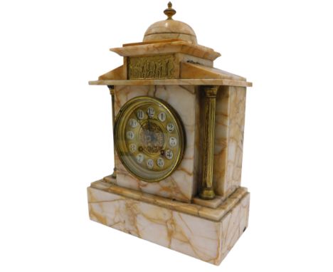A 19thC marble mantel clock, the domed top above brass columned supports, with brass numeric dial, on square foot, striking b