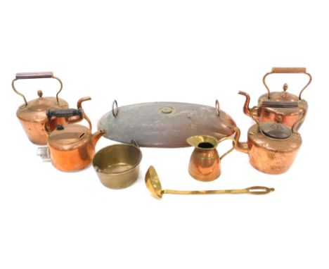 19thC and later copper and brassware, comprising four copper kettles, copper flagon, hot water bed warmer, saucepan and ladle