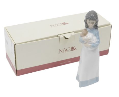 A Nao figure group of a girl carrying puppy in cloth, boxed, 22cm high.
