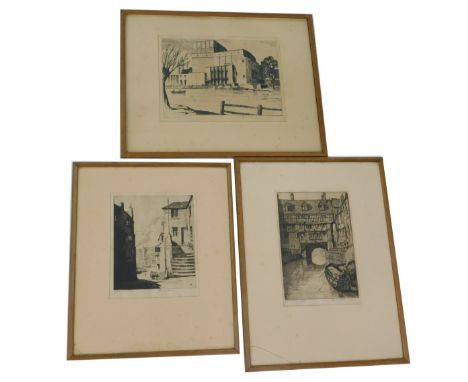 After John Lewis Stant (1905-1964). Elizabethan Bridge Lincoln, signed artist proof etching, 27cm x 18cm, and two other simil