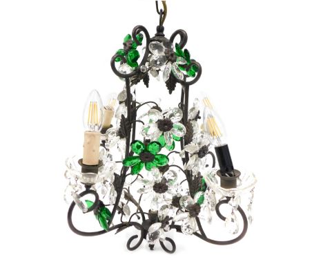 A 20thC five branch chandelier, with green and clear glass beads and drops, 49cm high. 