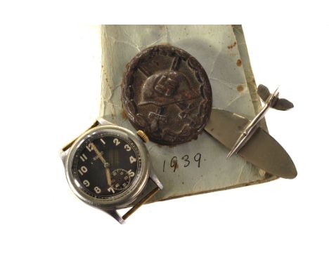 A WWII Silvana German Army issue chrome plated wristwatch, issue no. D335283H, the black dial with Arabic numerals, luminous 