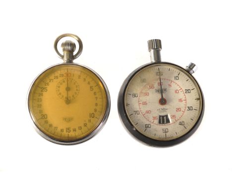 A 1960s Heuer 1/100th second stop watch retailed by DEMBO Bristol, the white dial with 1/100th second outer dial and red inne